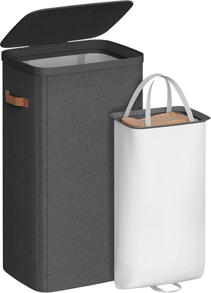 SONGMICS Laundry Basket, 50.2 Gal. Laundry Hamper, 3 Compartments, Easy Assembly, with Lid and Handles, Removable Liners, 25.2 x 15.7 x 29.5 Inches, Cappuccino Beige ULCB814LH01