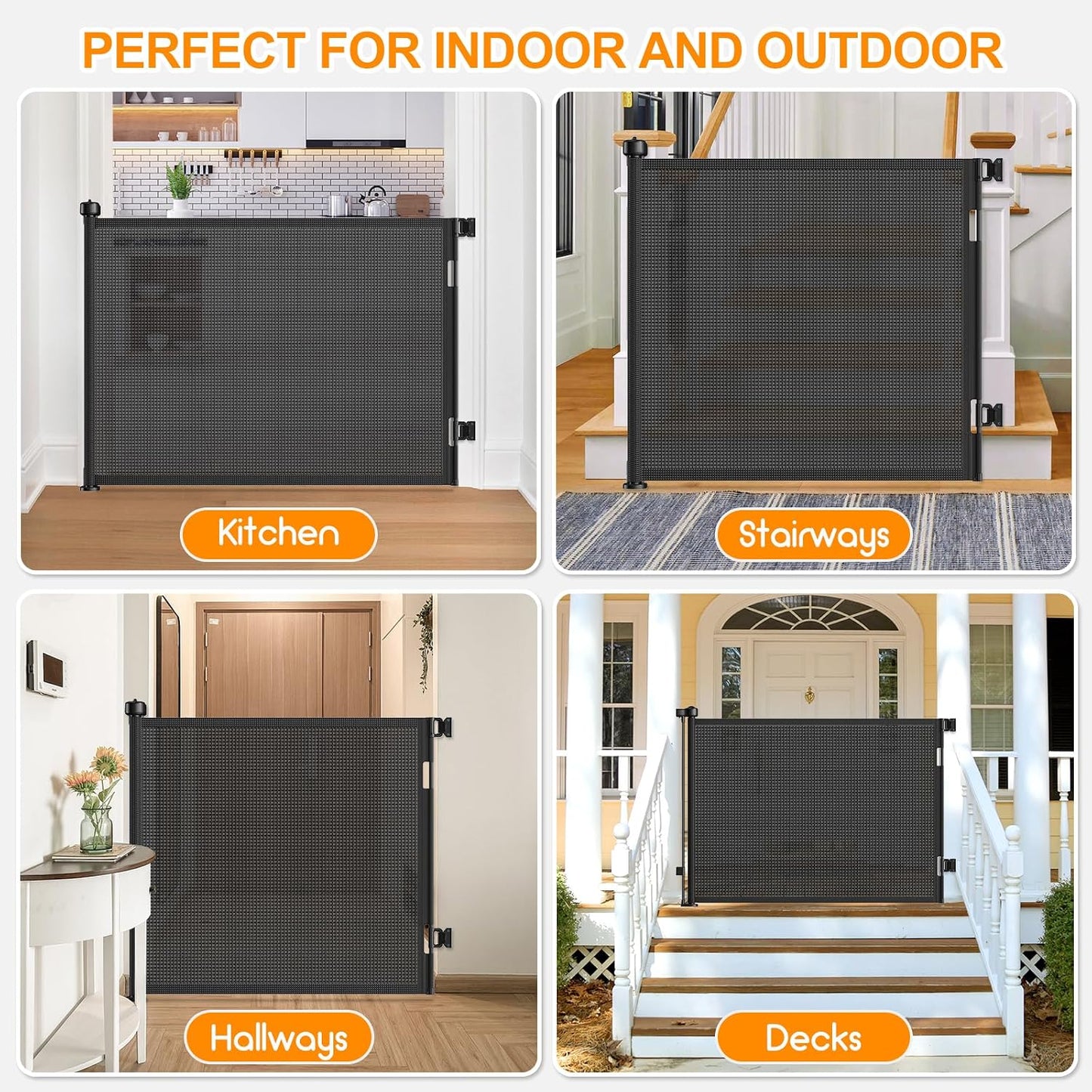 71 inch Retractable Baby Gates, EZIGO Extra Wide Baby Gate for Large Opening Extra Long Mesh Gate for Kids or Pet Dog Gate Child Safety Gate for Stairs Hallways Doorway Indoor Outdoor, Gray