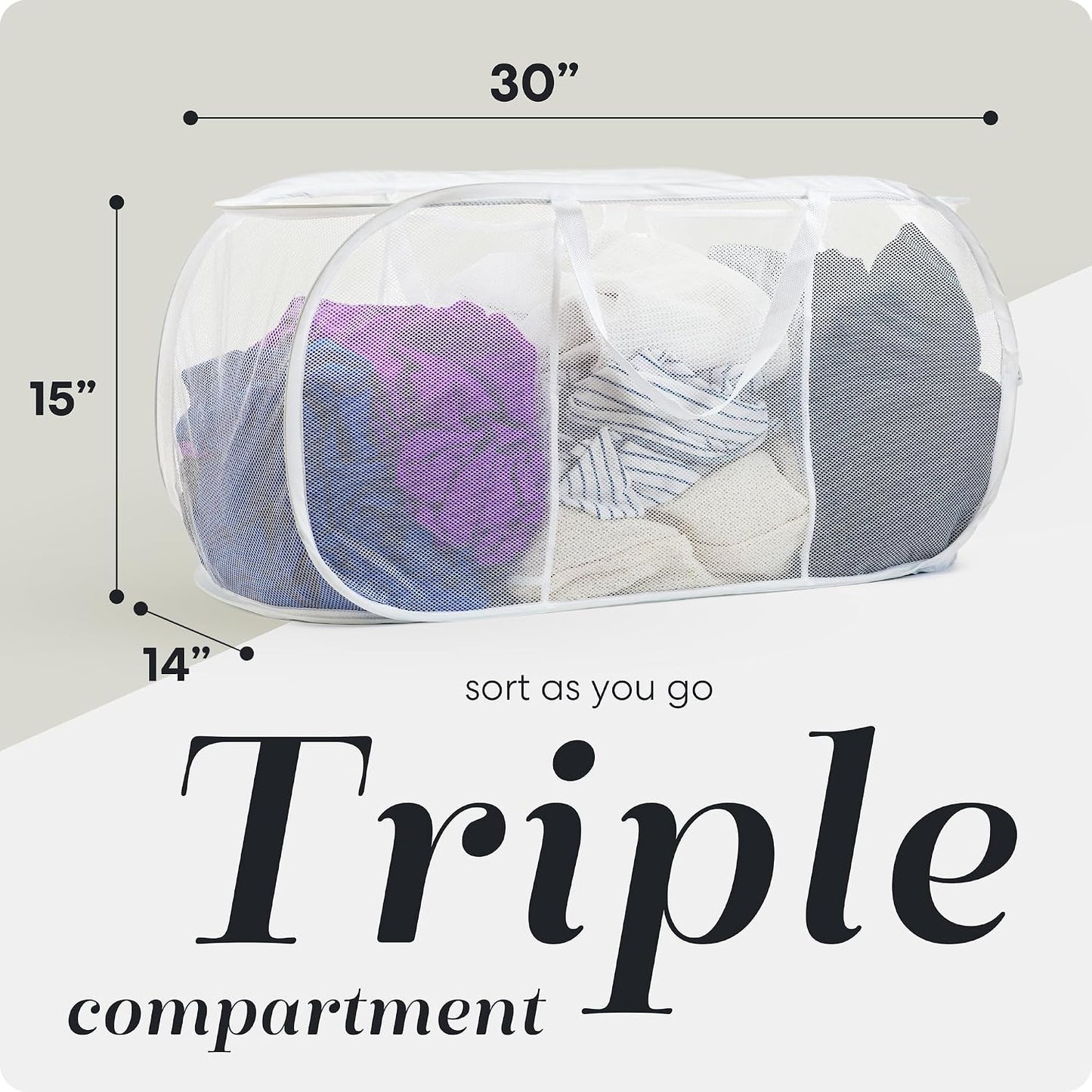 Handy Laundry Collapsible Laundry Basket, 3-Compartment Mesh Laundry Sorter, Foldable Pop Up Hamper with Handles, Space-Saving Durable Organizer for Dorm, Bedroom, Travel, White