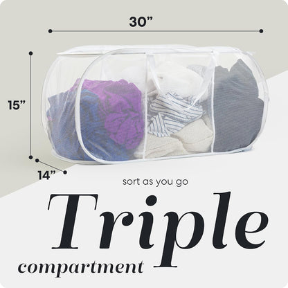 Handy Laundry Collapsible Laundry Basket, 3-Compartment Mesh Laundry Sorter, Foldable Pop Up Hamper with Handles, Space-Saving Durable Organizer for Dorm, Bedroom, Travel, White