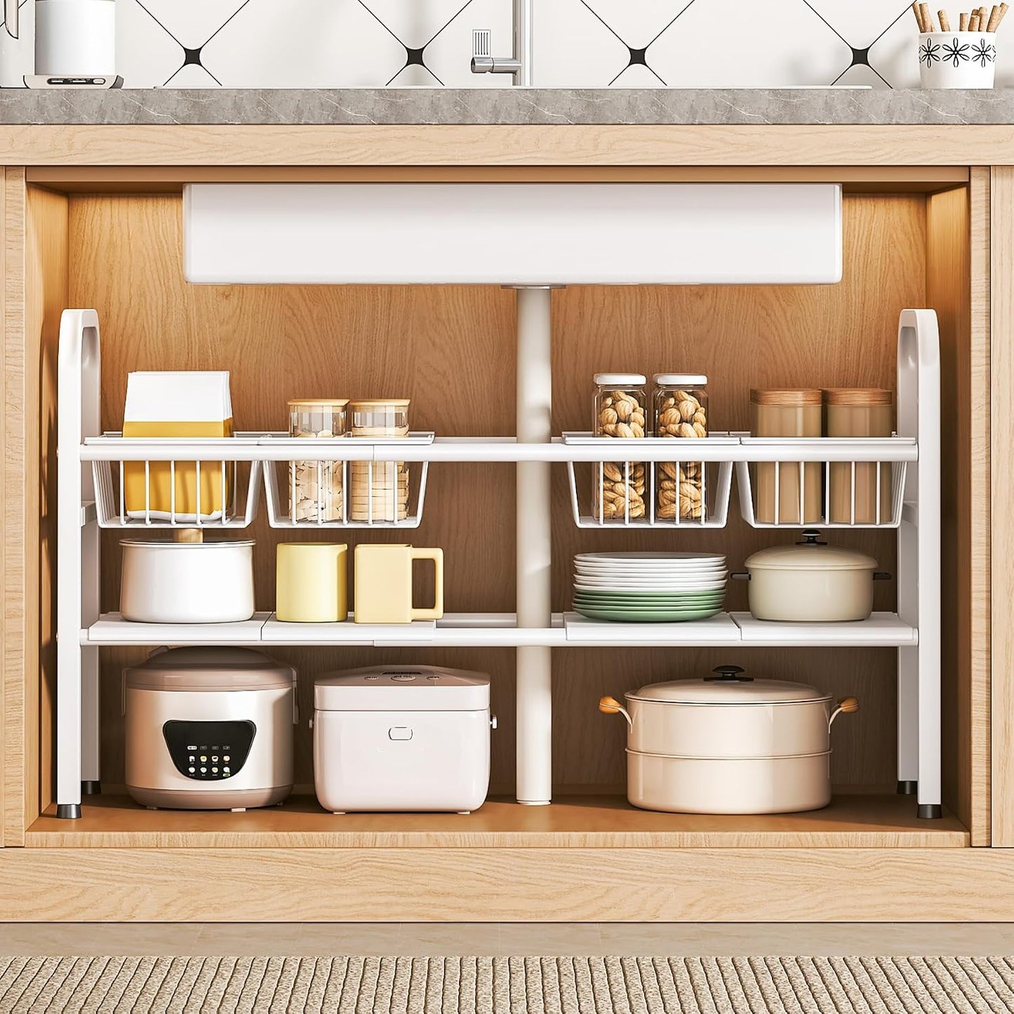 2 Tier Under Sink Organizer Expandable Length/Height Adjustable Heavy | Length/height adjustable fits any cabinet, 4 removable shelves/baskets, anti-wobble feet, for kitchen/bathroom/laundry