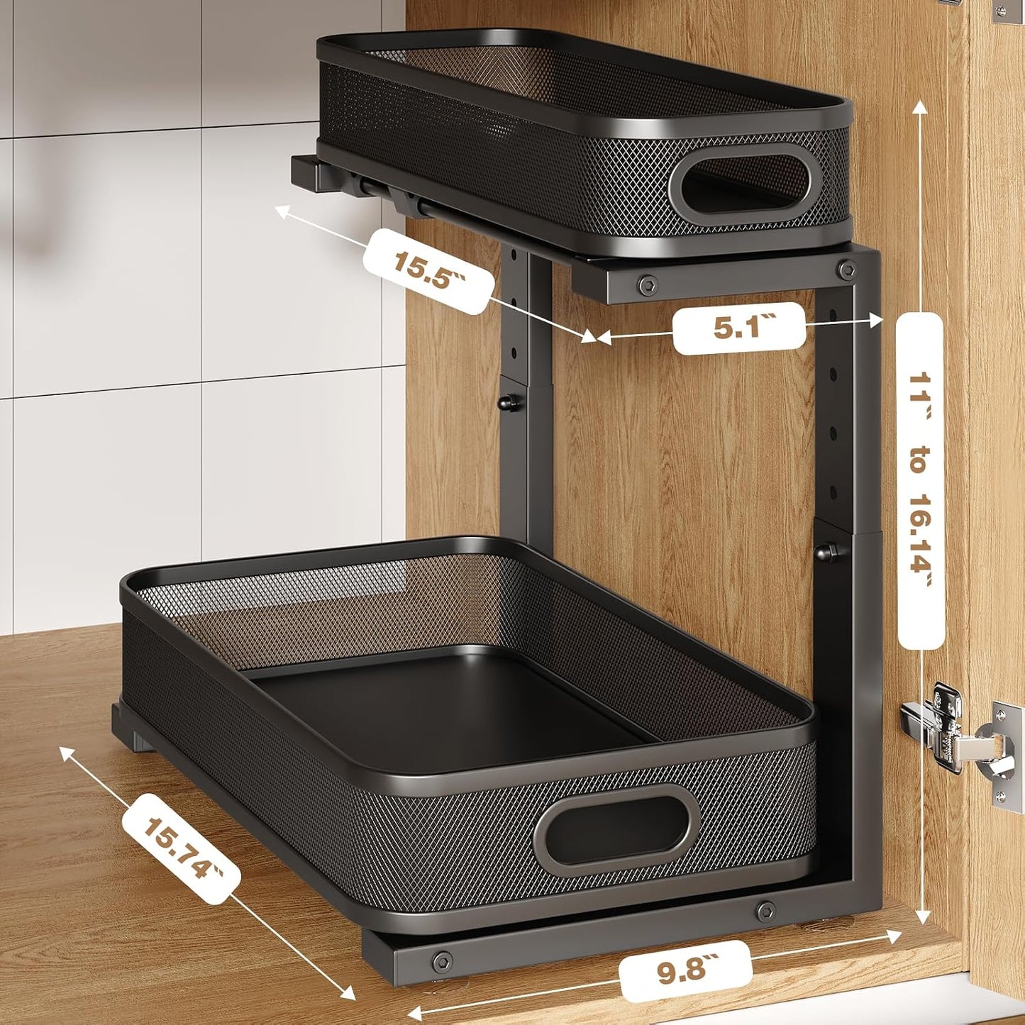 2 Pack Under Sink Organizer With Smooth Cylindrical Rail,2-Tier Pull Out Multi-Purpose Cabinet Storage for Bathroom&Kitchen,Height Adjustable,Rust-resistant Coating-White