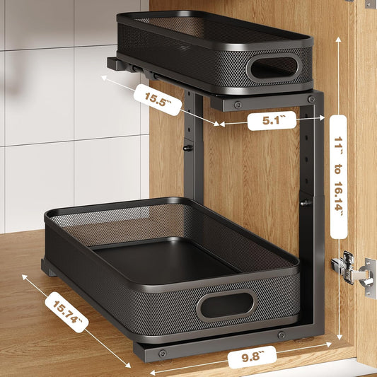 2 Pack Under Sink Organizer With Smooth Cylindrical Rail,2-Tier Pull Out Multi-Purpose Cabinet Storage for Bathroom&Kitchen,Height Adjustable,Rust-resistant Coating-White