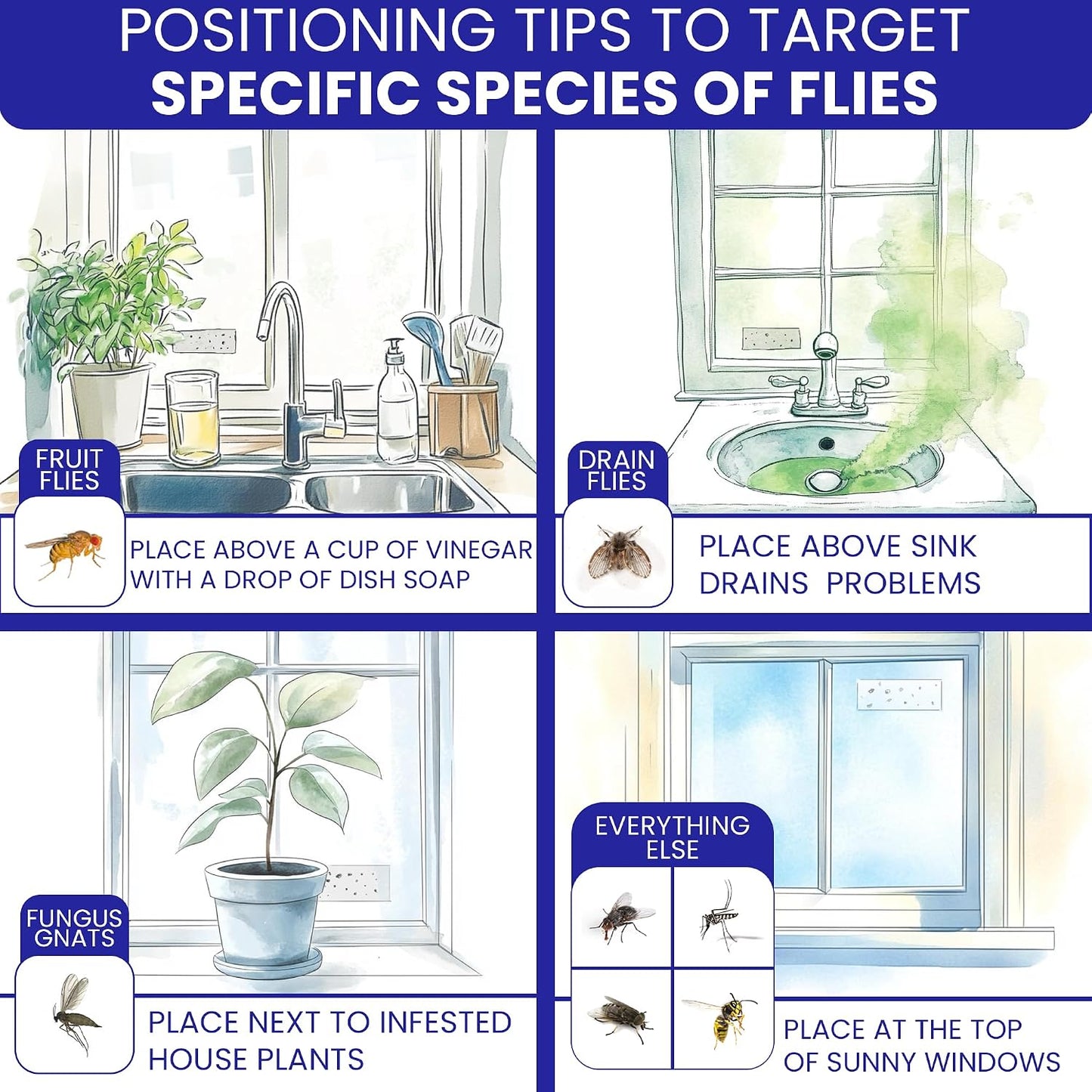 50 Window Fly Traps Sticky Non-Toxic Clear Fly Paper Indoor for Home. No Mess Flies Window Sticky Traps Bug Flies Strips Indoors. Fruit and Housefly Trap Indoor Flypaper Tape Gnat Catcher Killer