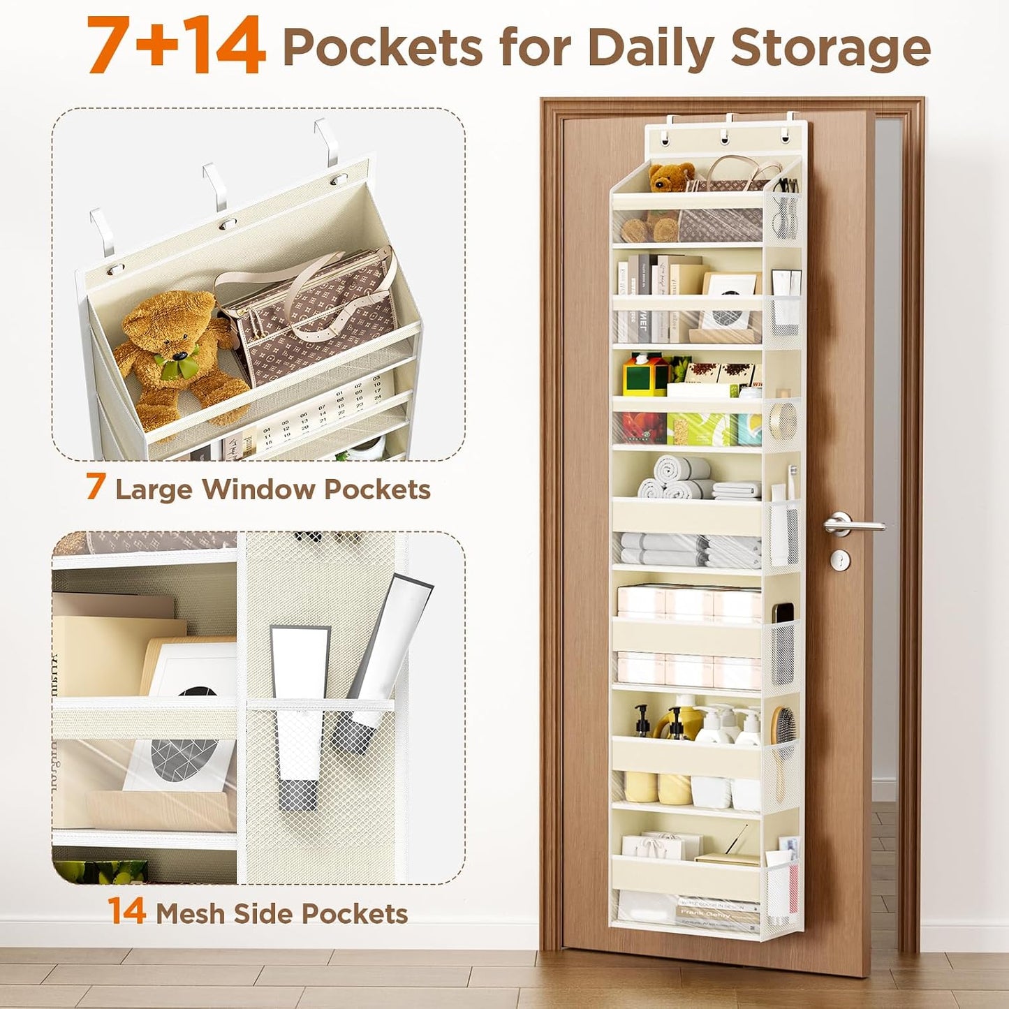 6 Tiers Over The Door Organizer, Heavy Duty Hanging Organizer Storage with Large Capacity Pockets, Behind Door Storage Hanging Shelves for Closet Wall Bathroom Bedroom Nursery Pantry, 1 Pack Grey