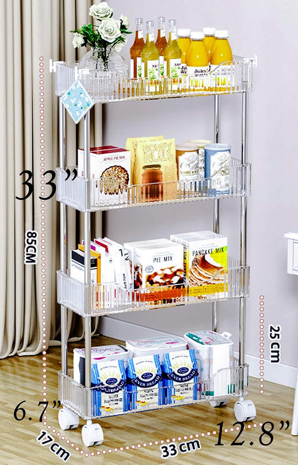 4-Tier Plastic Rolling Utility Cart with Wheels, Multifunctional Storage Organizer Cart for Home, Office, Kitchen & Bathroom, Ultra Narrow & Clear, 4.7”W * 12.8”L * 33”H