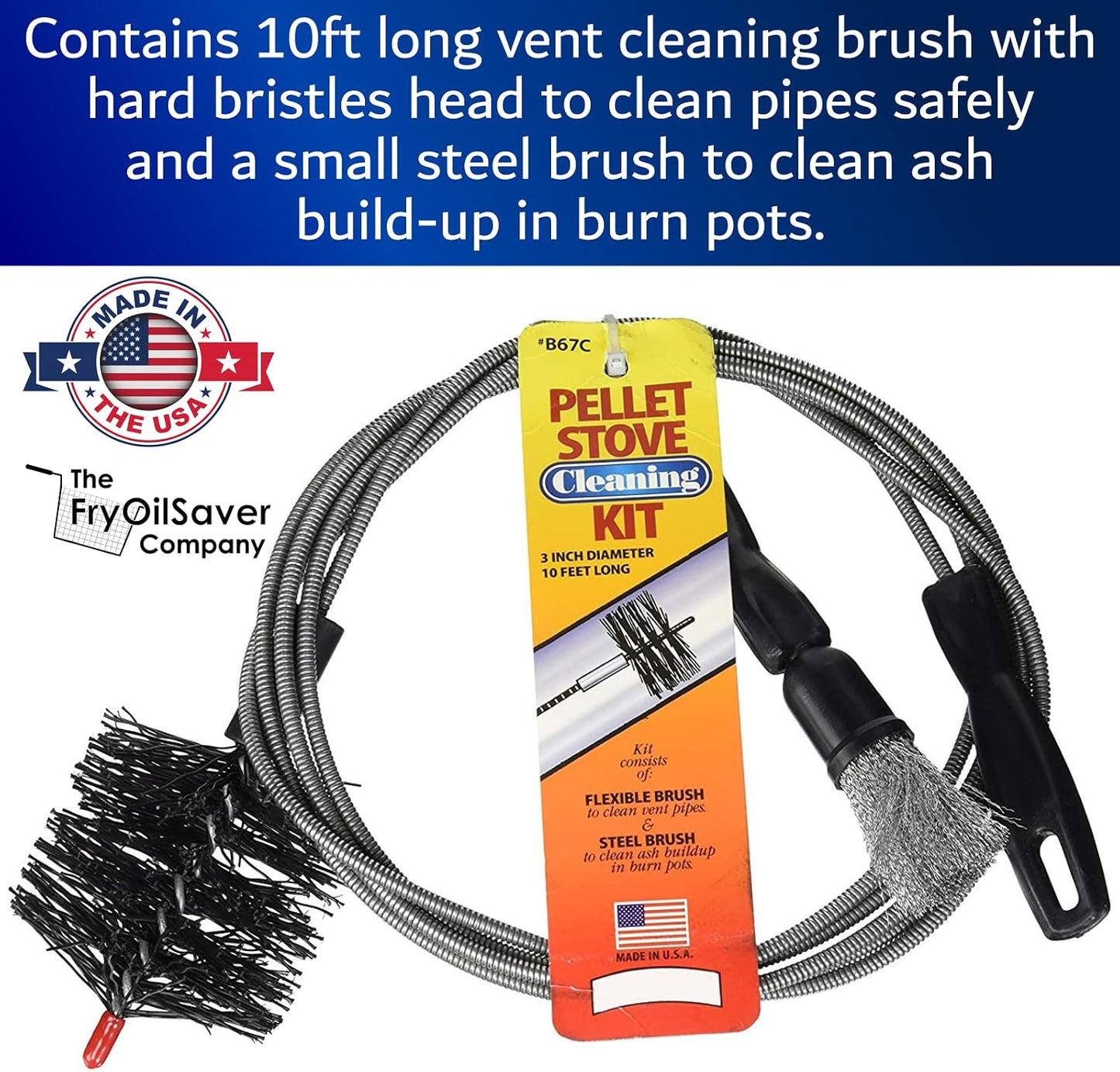 Pellet Stove & Dryer Vent Cleaner Kit – 3 inch Head and 10 ft Long Steel Flexible Brush for Fireplace Chimney, Ash, Lint & Soot Buildup Removal - Pellet Stove Cleaning Kit by FryOilSaver B67C