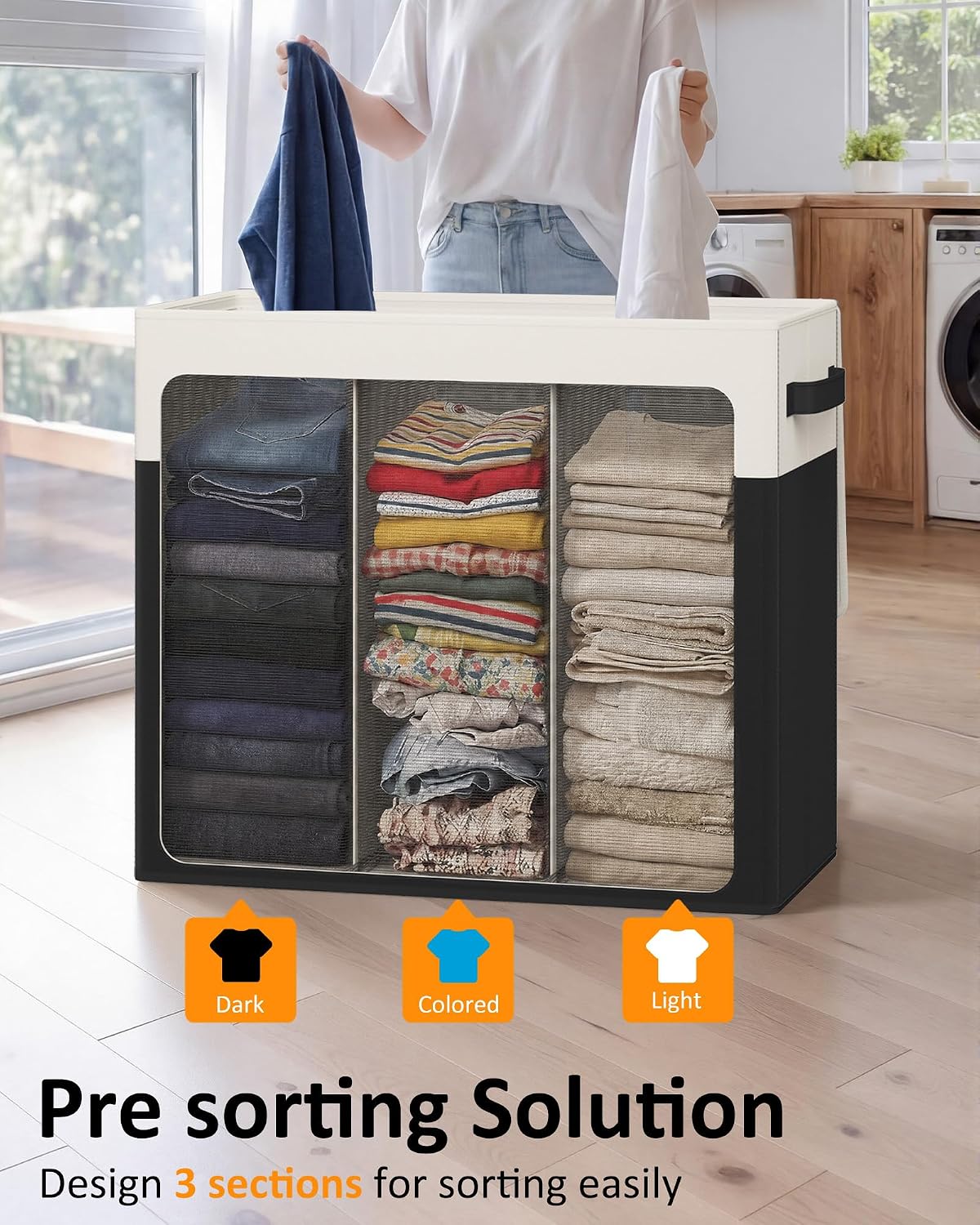 Optish 180L Laundry Hamper 3 Section, Large Laundry Hamper with Lid, Dirty Clothes Hampers with 3 Inner Bags, Laundry Basket Organizer for Laundry, Bedroom, Bathroom, Hamper 3 Compartment, Black