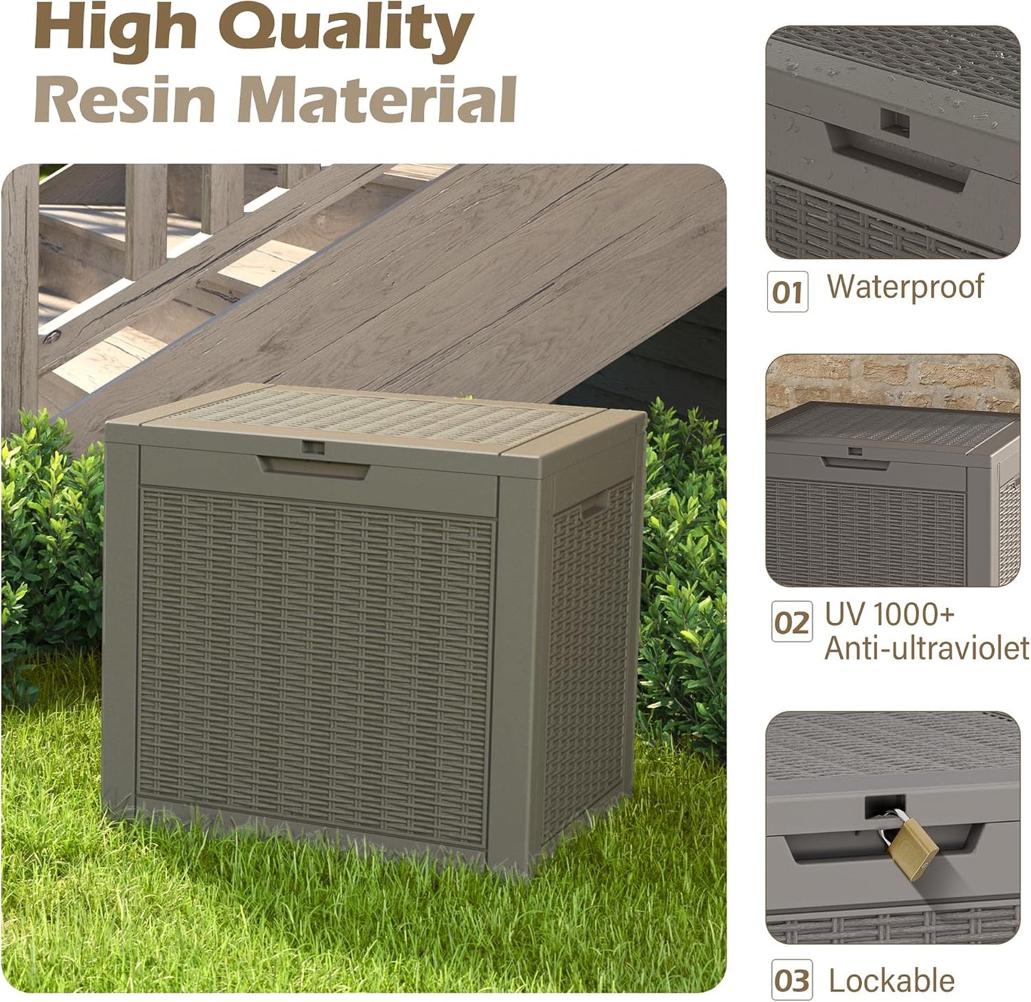 Outdoor Storage Box, 45 Gallon Deck Box with Lockable Lid, Waterproof Resin Storage Bin for Cushions, Garden Tools, Patio Furniture, Grey