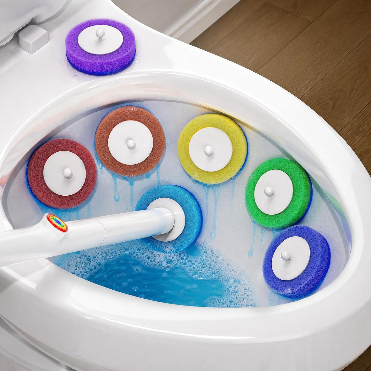 Disposable Toilet Brush and Holder Set - Hands-Free Eject Sponge Toilet Wand with Floor Standing Caddy, Secure-Lock Hangable Toilet Scrubber