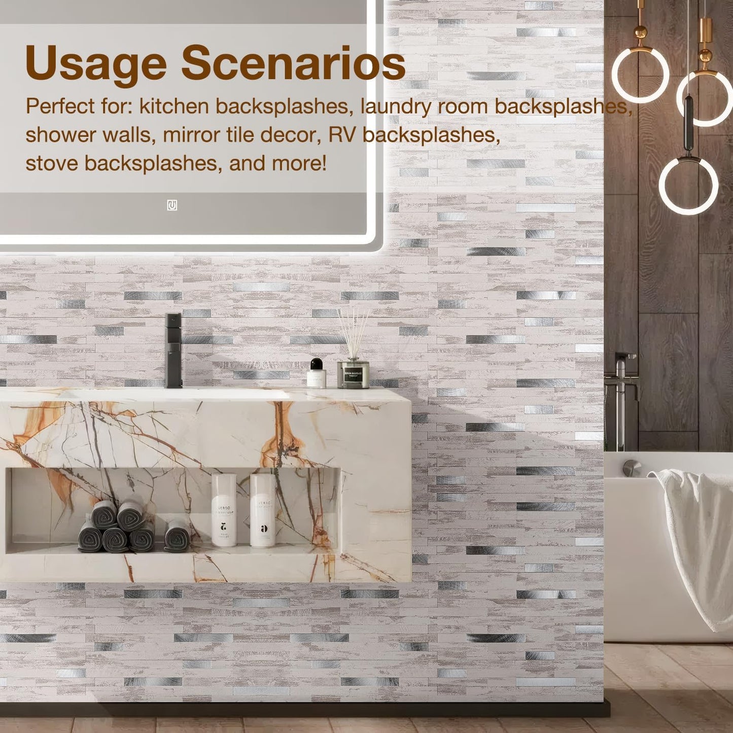 Peel and Stick Backsplash Tile Waterproof Removable PVC Wall Sticker 3D Faux Stone Marble Brick White Accent Panels (White Marble - Metal Silver, 20 Tiles - 9 sq. ft. (0.84 M²))