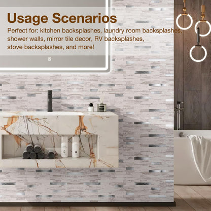 Peel and Stick Backsplash Tile Waterproof Removable PVC Wall Sticker 3D Faux Stone Marble Brick White Accent Panels (White Marble - Metal Silver, 20 Tiles - 9 sq. ft. (0.84 M²))