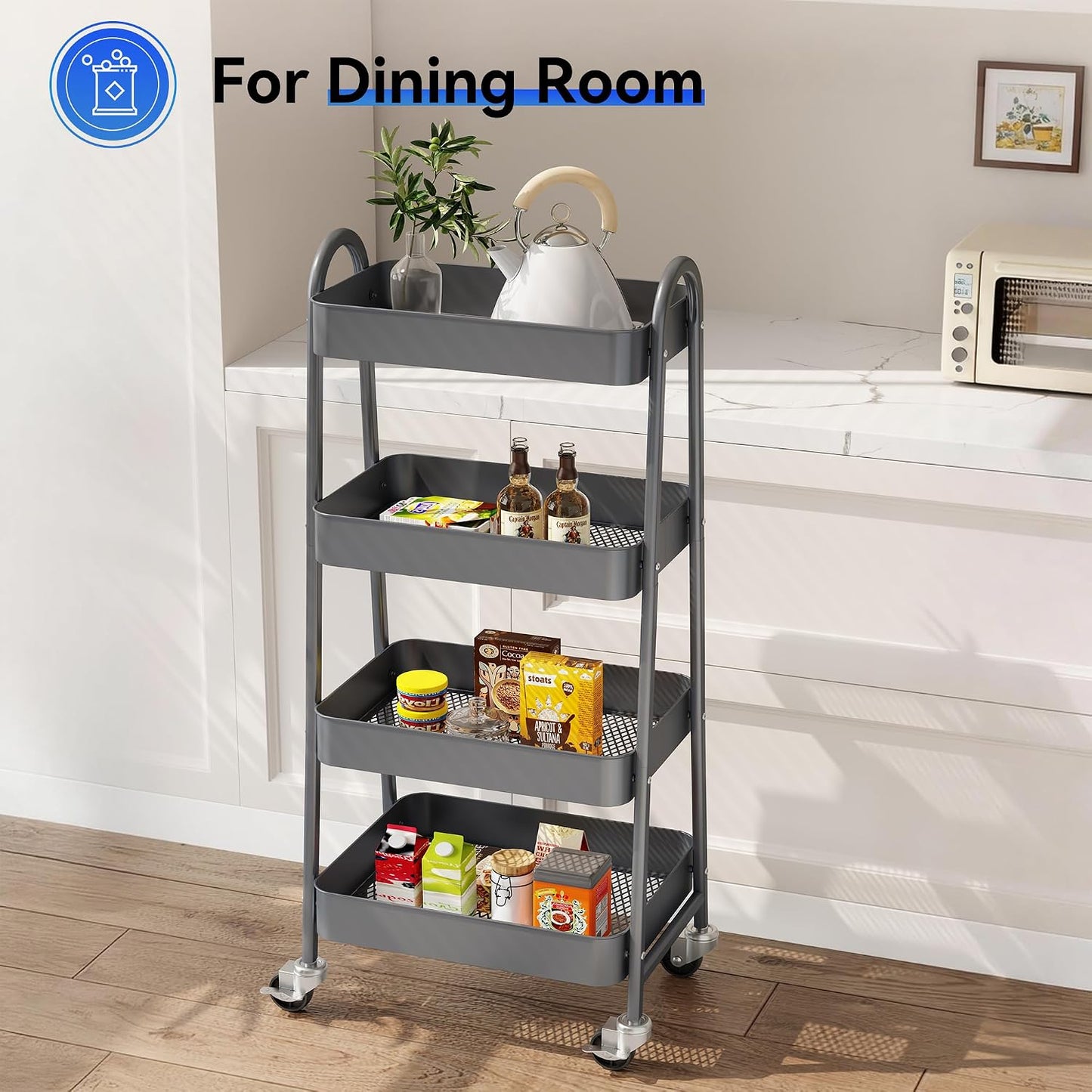 OLIXIS Metal 4 Tiers Utility Rolling Cart, Mobile Storage Shelf with Lockable Caster Wheels, Organization for Livingroom, Bathroom, Kitchen, & Narrow Places, 4-Tier Green