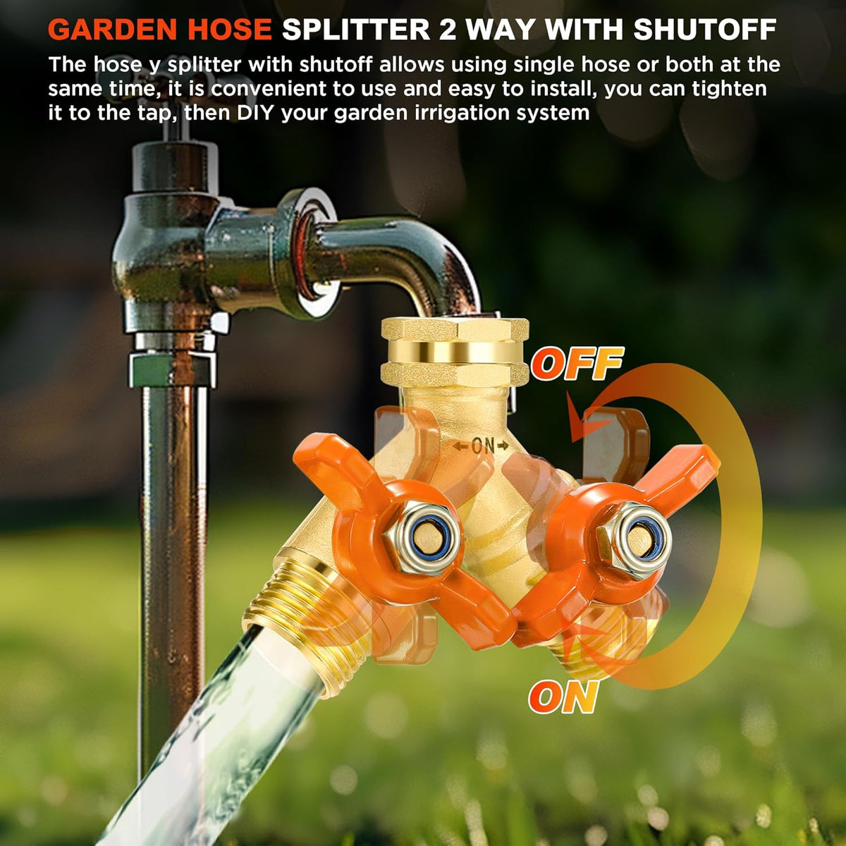 Garden Hose Splitter 3/4" GHT Full Flow 2 Way Brass Hose Splitter Heavy Duty All Metal Hose Y Splitter with Shutoff Outdoor Faucet Water Hose Splitter Y Valve Tap Adapter for Outdoor Garden