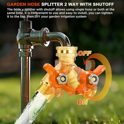Garden Hose Splitter 3/4" GHT Full Flow 2 Way Brass Hose Splitter Heavy Duty All Metal Hose Y Splitter with Shutoff Outdoor Faucet Water Hose Splitter Y Valve Tap Adapter for Outdoor Garden