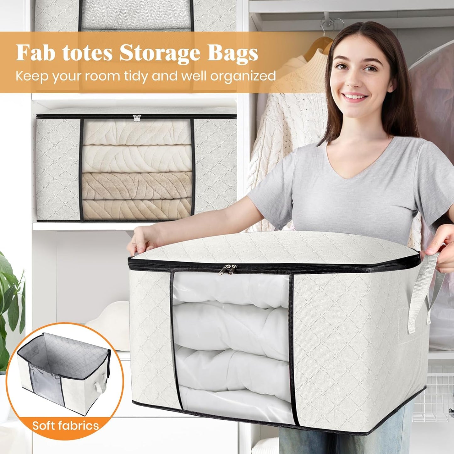 Fab totes 6 Pack Storage Bags for Clothes and Blanket, Foldable Closet Organizers and Storage with Zippers, Clear Window and Handles, Fabric Storage Bins for Sweater, Comforter, Bedding,Linen Sheets
