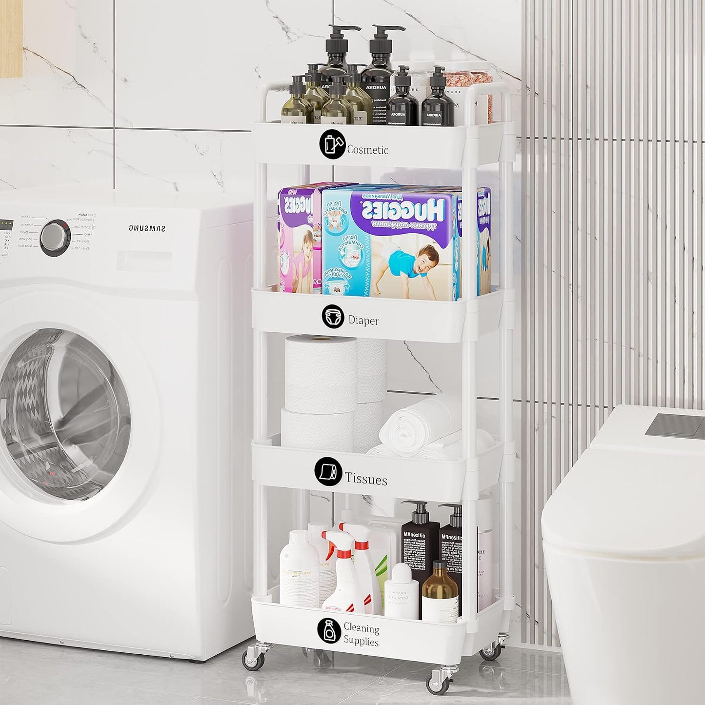 Laiensia 3-Tier Rolling Cart with Wheels,Multifunction Utility Storage Carts, Kitchen Storage Organizer,Mobile Shelving Unit for Bathroom,Laundry,with Classified Stickers,White