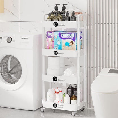 Laiensia 3-Tier Rolling Cart with Wheels,Multifunction Utility Storage Carts, Kitchen Storage Organizer,Mobile Shelving Unit for Bathroom,Laundry,with Classified Stickers,White