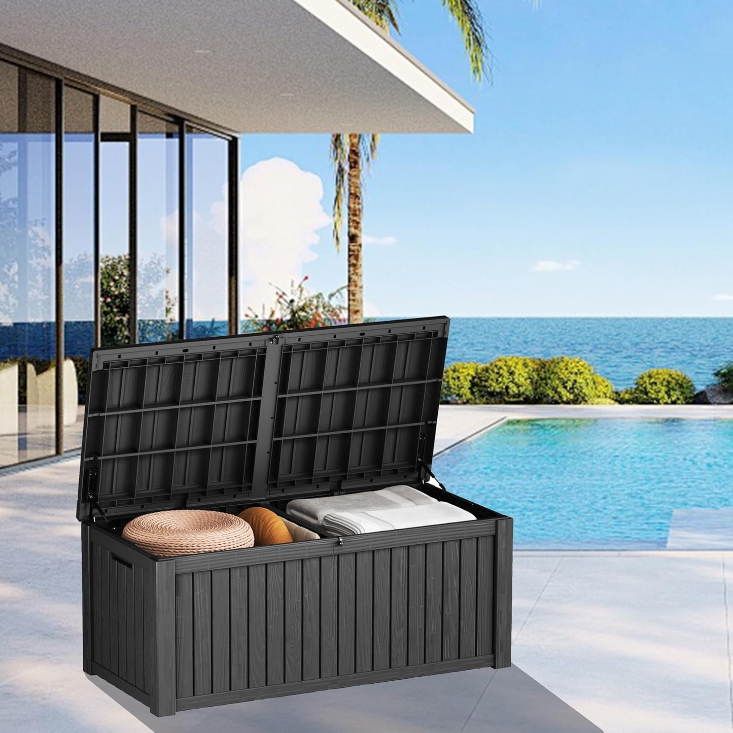 320 Gallon Outdoor Storage Box, Extra Large Waterproof Resin Deck Box with Lockable Lid Storage Bin for Patio Furniture Cushion, Garden Tools, Pool Accessories, UV-Resistant Outside, Black