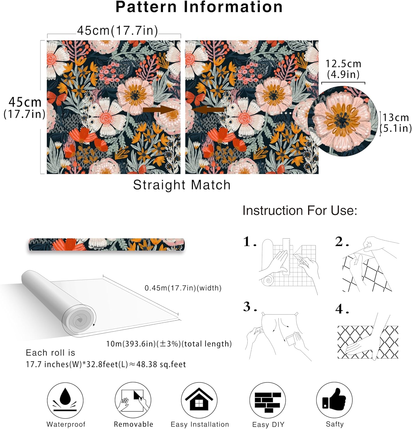 HAOKHOME Boho Peel and Stick Wallpaper Floral Wall Paper Removable for Bedroom Navy/Pink/Orange Contact Paper 17.7in x 9.8ft