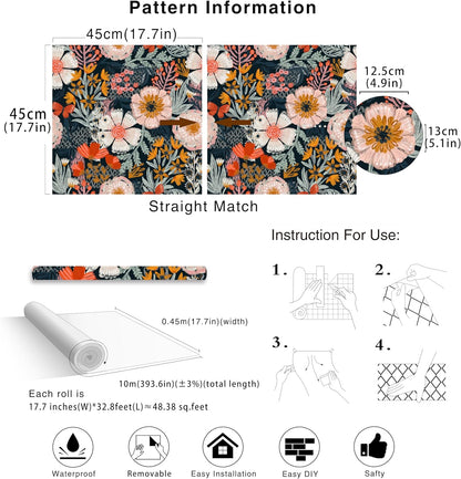 HAOKHOME Boho Peel and Stick Wallpaper Floral Wall Paper Removable for Bedroom Navy/Pink/Orange Contact Paper 17.7in x 9.8ft