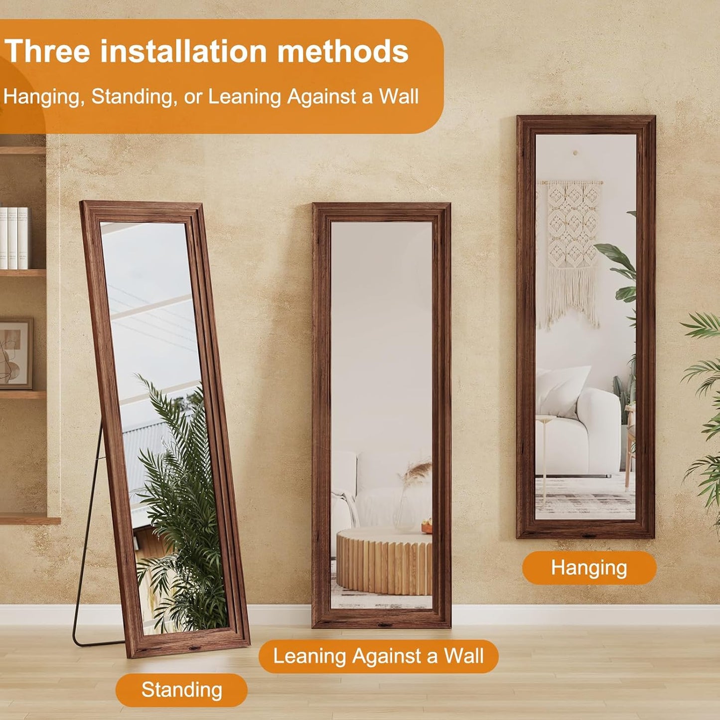 ZHUNFA Full Length Mirror, 71x32 Inch Full Length Mirror Wall Mounted | Vertical Hanging, Leaning Standing for Bedroom, Living Room, Rectangular Wooden Frame, Log Color.