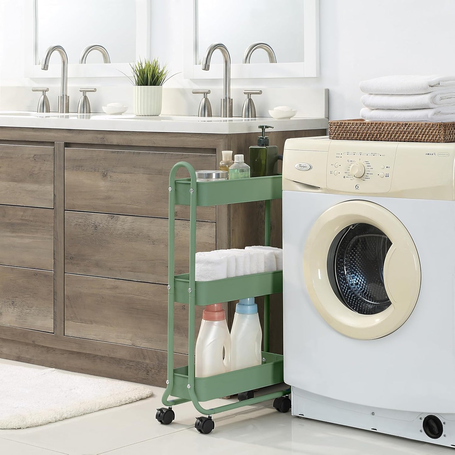 SunnyPoint Slim Rolling Storage Cart, 3 Tier Bathroom Storage Organizer Bathroom, Laundry Utility Cart (White)