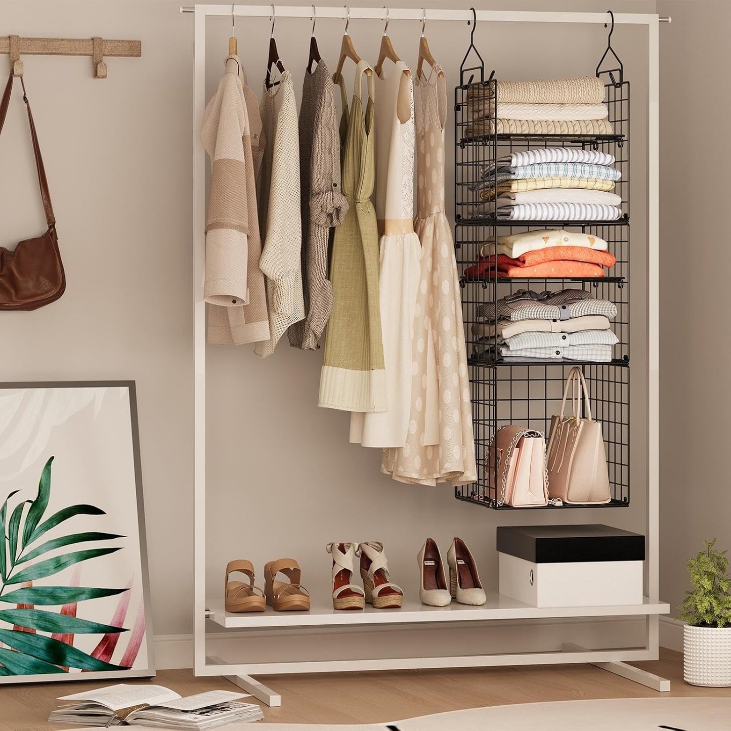 X-cosrack Closet Hanging Organizer Shelves - 5 Tier Wardrobe Organizers and Storage Bin, Hanging Organizer Shelves, Clothes Shelf with Adjustable Dividers for Bedroom Closet Sweater Shoes Handbag
