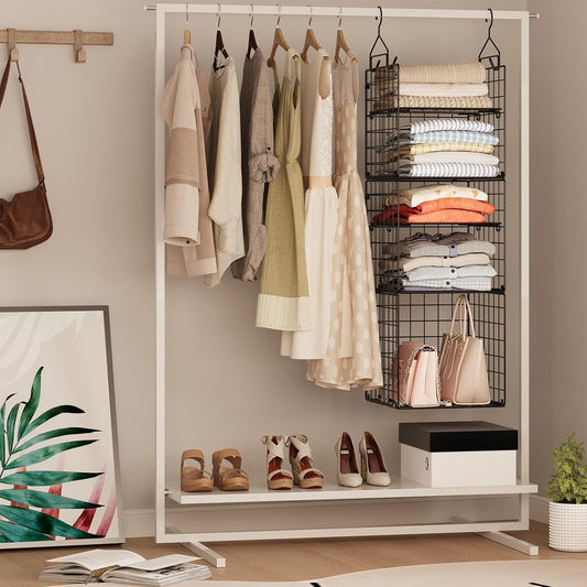 X-cosrack Closet Hanging Organizer Shelves - 5 Tier Wardrobe Organizers and Storage Bin, Hanging Organizer Shelves, Clothes Shelf with Adjustable Dividers for Bedroom Closet Sweater Shoes Handbag
