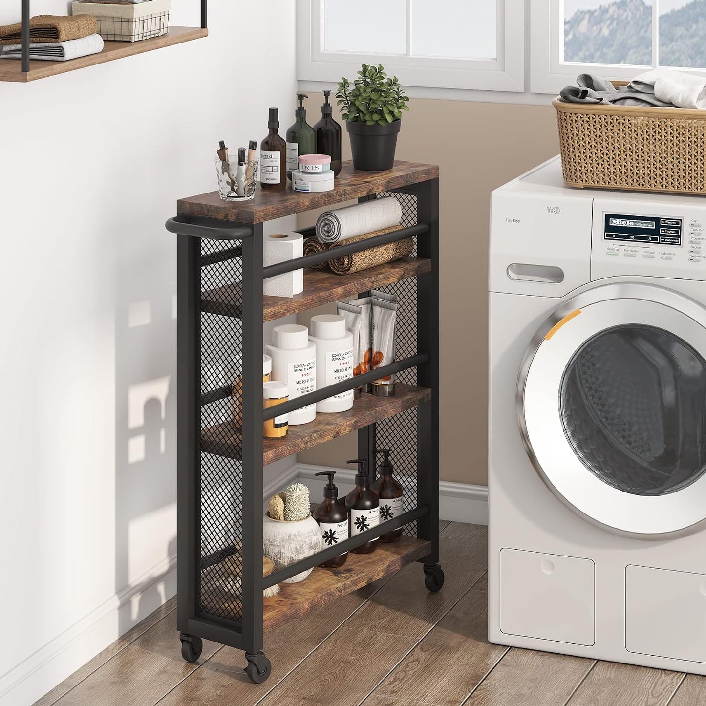 Tribesigns Slim Storage Cart,Narrow Rolling Carts with Wheels,Utility Cart for Small Spaces,4-Tier Metal Frame Trolley Cart with Handle for Kitchen,Laundry, Living Room
