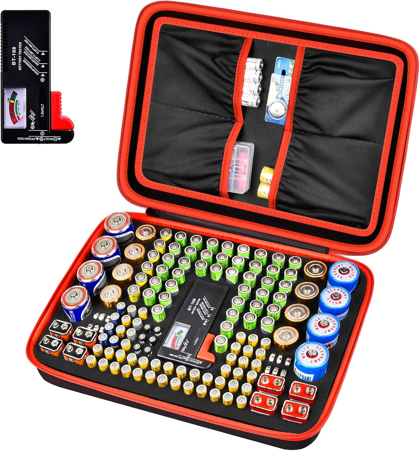Comecase Battery Storage Case with Tester, Holds 148+ AA AAA C D 9V, Black | Hard-Shell Design, Carry Handle and Custom Foam Slots Keep Batteries Visible, Separated and Ready for Home, Garage or Office