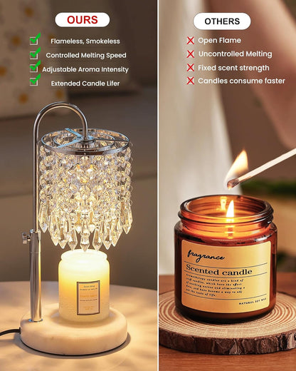 Candle Warmer Lamp with Timer Dimmer and 3 Bulbs, Candle Lamp Warmer with Marble Base for Adjustable Height, Crystal Candle Lamp for Jar Candles, House Warming Gifts Home Room Decor, Silver