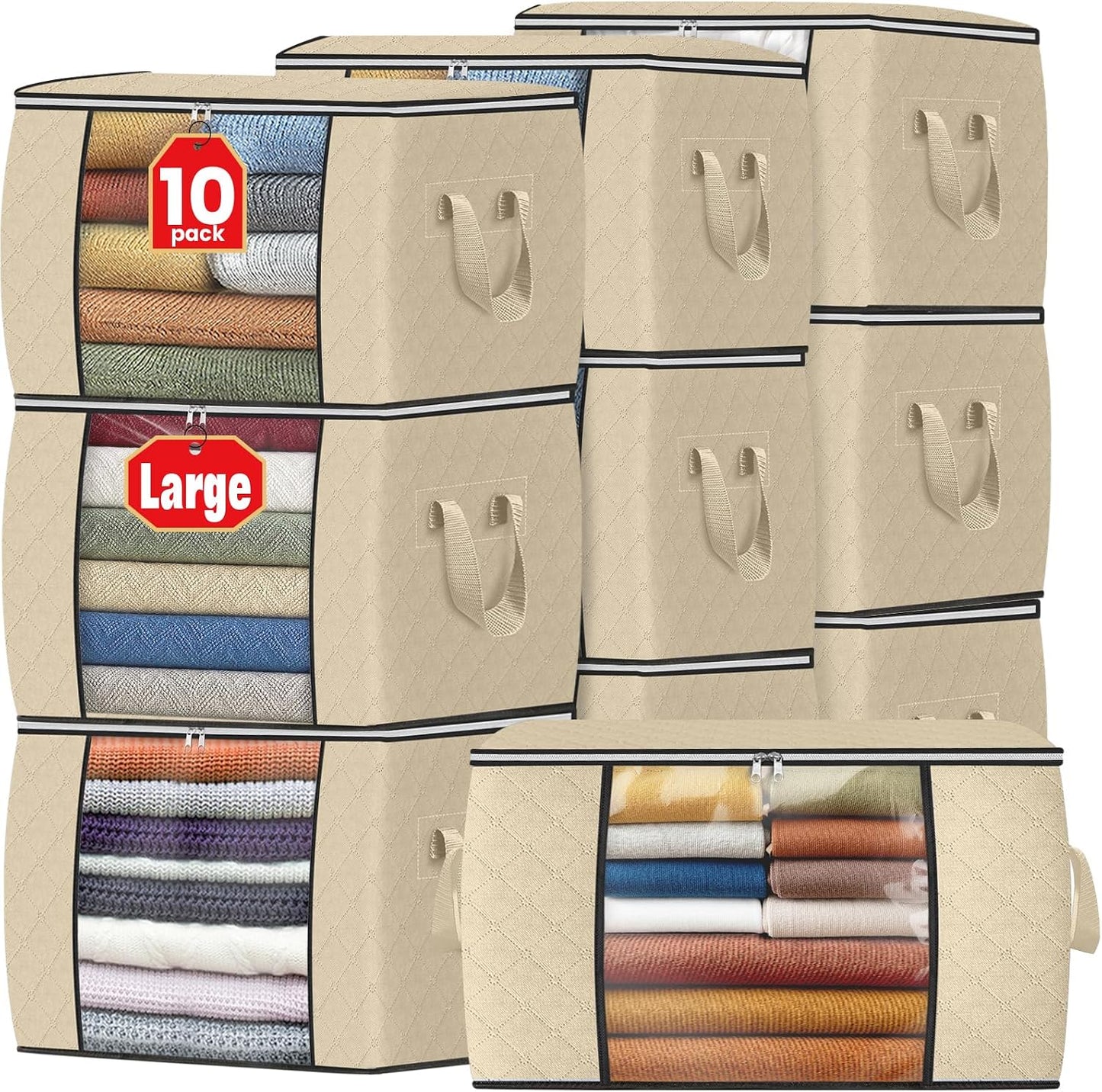Fab totes 6 Pack Storage Bags for Clothes and Blanket, Foldable Closet Organizers and Storage with Zippers, Clear Window and Handles, Fabric Storage Bins for Sweater, Comforter, Bedding,Linen Sheets
