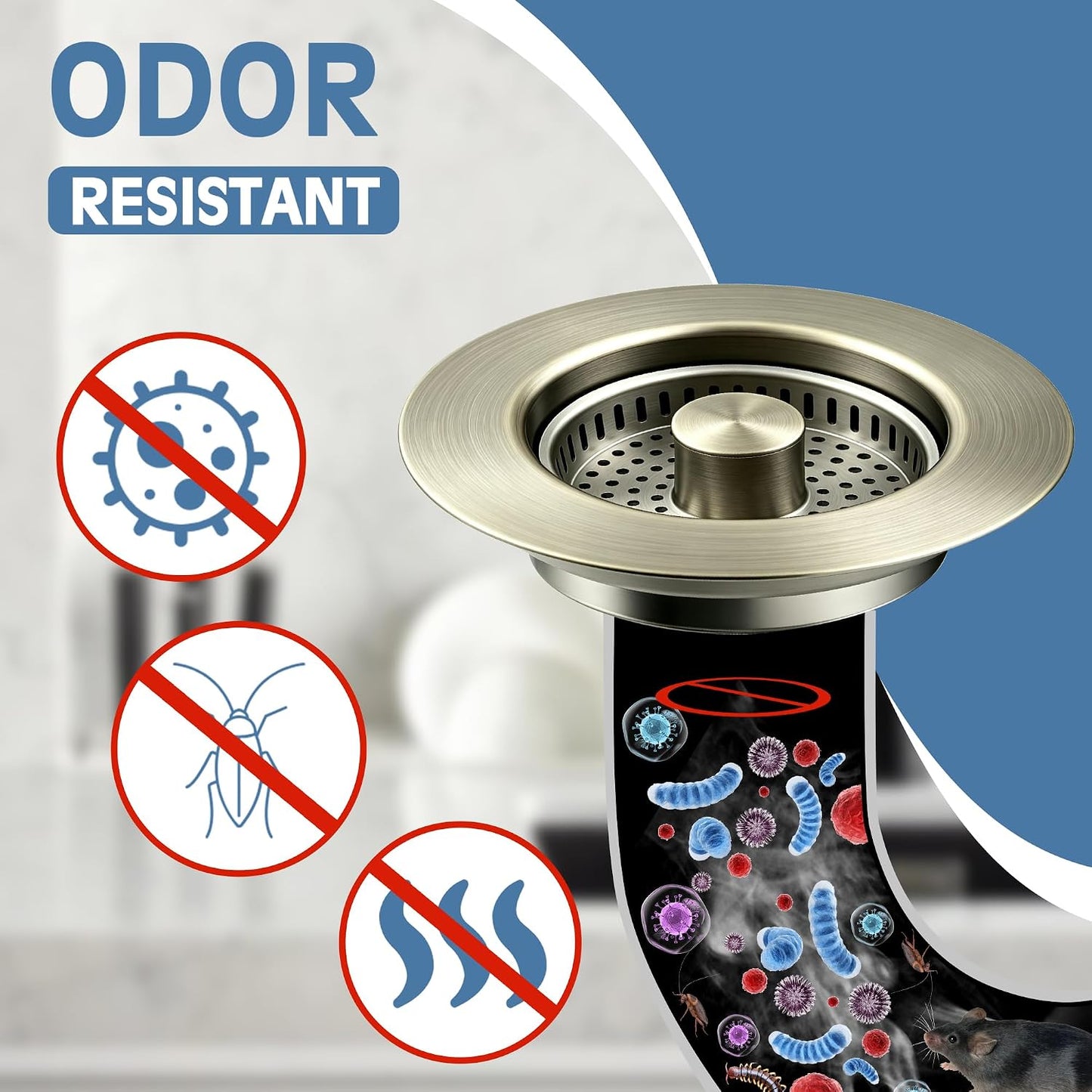 Sink Drain Strainer 3 in 1, 304 Stainless Steel Pop Up Kitchen Sink Stopper with Anti-Clogging Basket, Kitchen Essential Drain Anti-Clog Gadgets, Fits US Standard 3-1/2'' Sink Drain (SUS 304 Brushed)