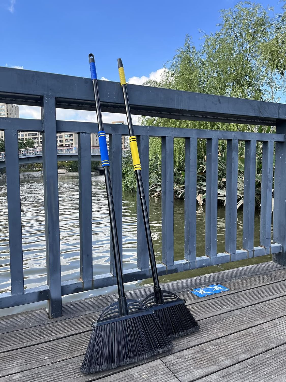 Four-Section Rod Long-Handled Broom,Heavy-Duty Broom, Angle Broom for Outdoor/Indoor（Black+Orange）