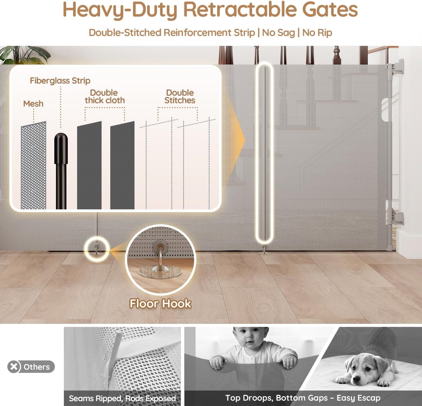 Miumoon One-Hand Operation Retractable Baby Gates, 71 inch Retractable Gate with Reinforced Strip Design to Prevent Crawling Through, 6 FT Retractable Dog Gate for Stairs, Doorways, Hallways