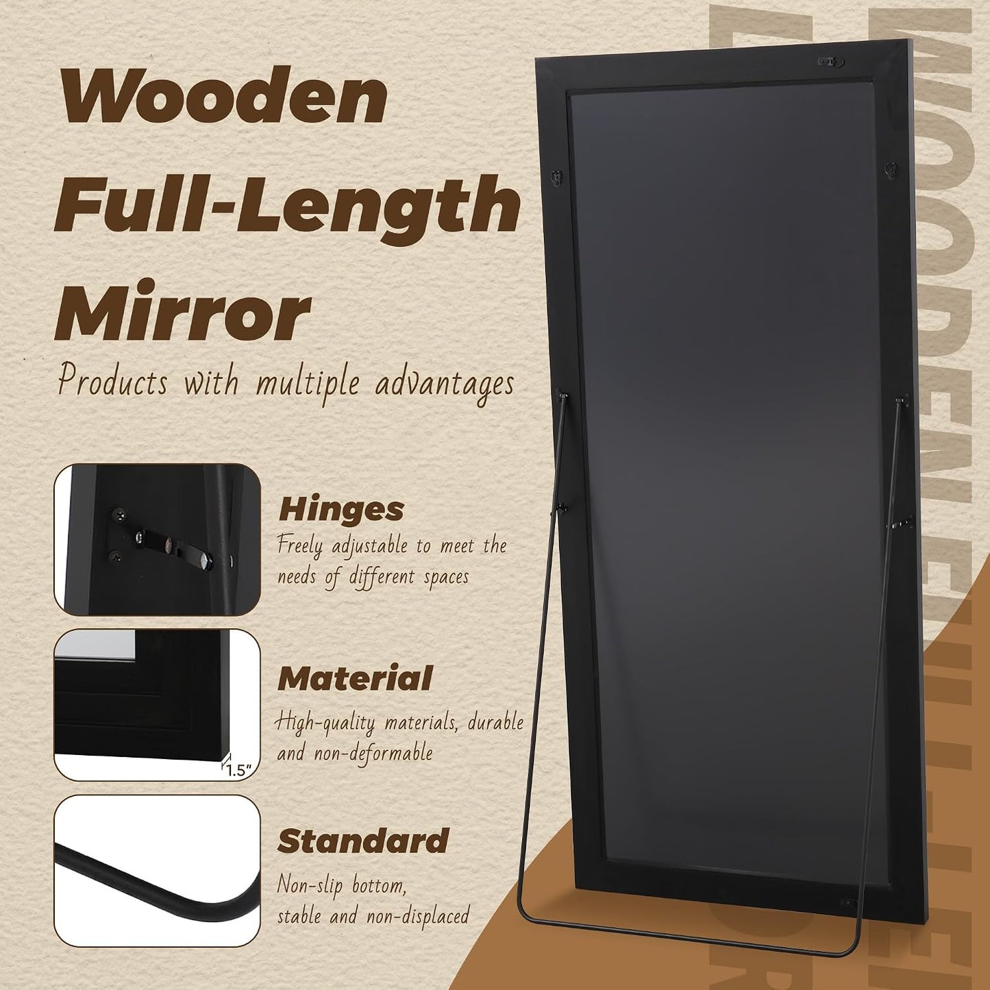 Antok Full Length Mirror with Solid Wood Frame, 71"×32" Wall Mounted Oversized Floor Mirror with Stand, Leaning Standing Hanging for Bedroom Living Room Entryway, Walnut, Arched Syle