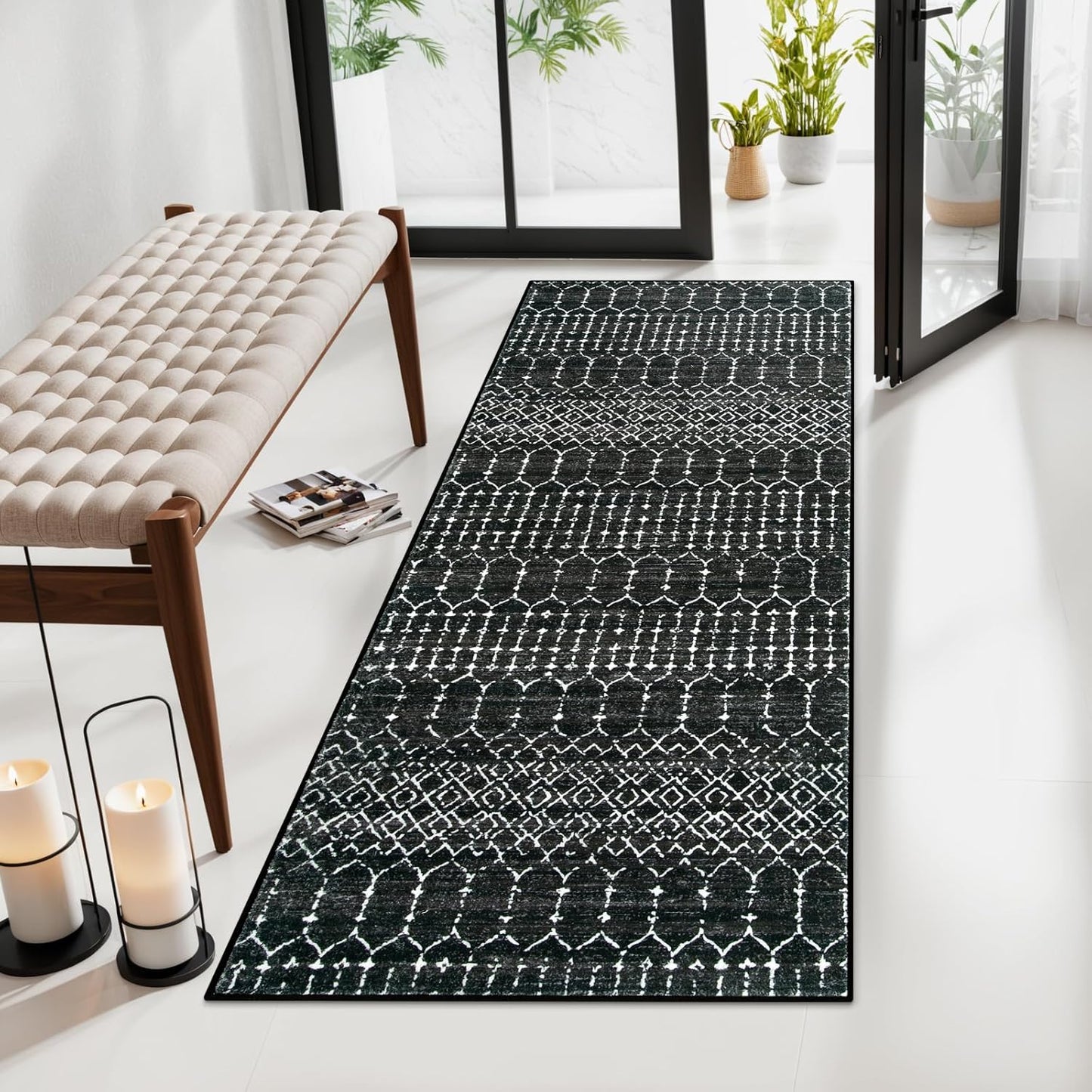 Lahome Moroccan Entry Rug 2x3, Non-Slip Washable Front Indoor Door Mat Rubber Backing Low-Profile Door Rugs, Small Geometric Print Distressed for Entryway Bathroom Kitchen, Black Hana
