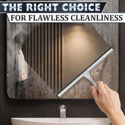 Shower Door Squeegee with Adhesive & Hanging Hooks, 12" Silicone Blade - Stainless Steel All-Purpose Squeegee for Shower Glass, Bathroom Mirror Cleaner Tool Suitable for Tile Walls - Multi-Surface Use