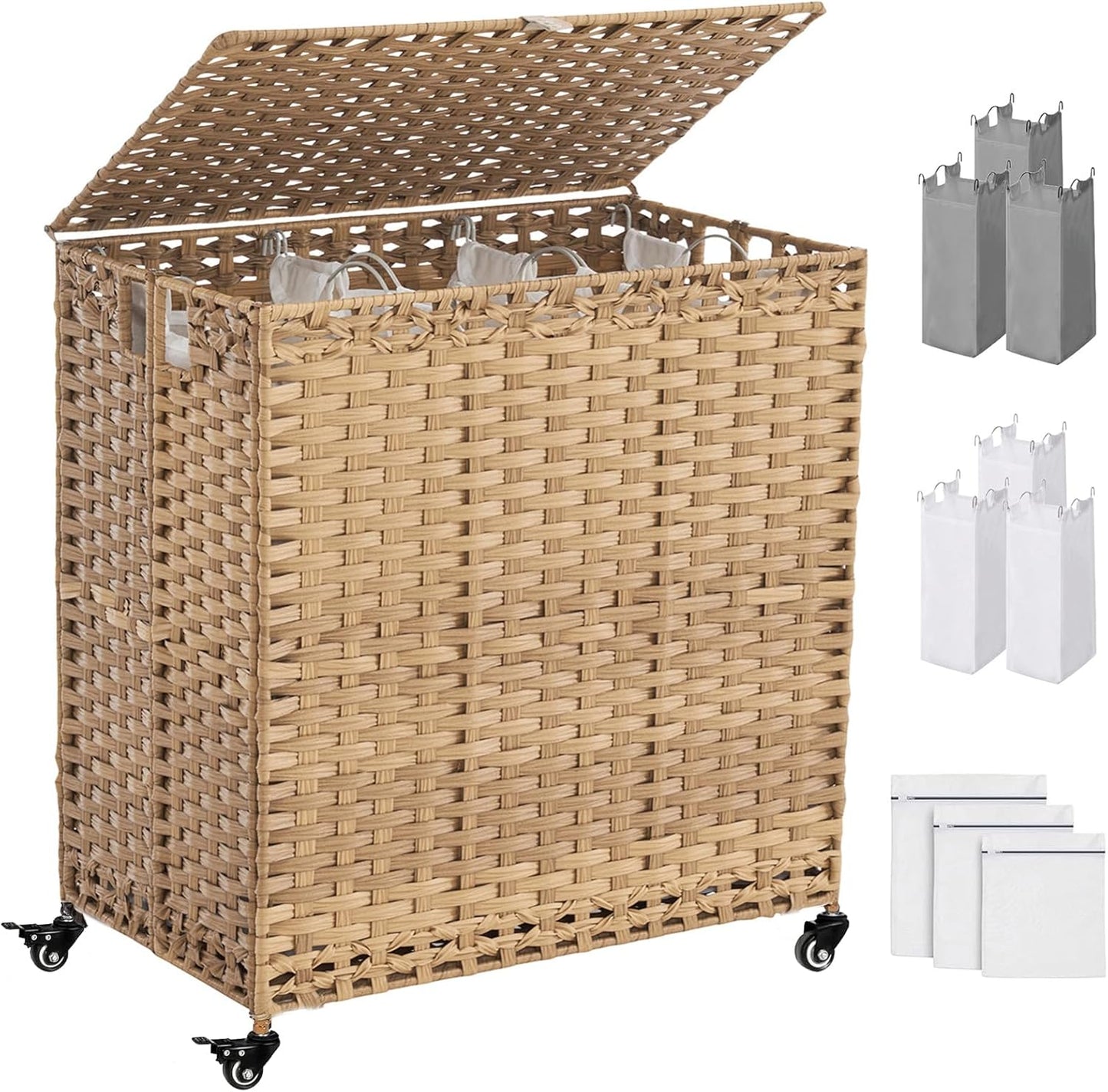 Laundry Hamper with Wheels&Lid, 50.2 Gallons(190L) Rolling Laundry Basket with Wheels, 3-Section Laundry Hamper, Handwoven Rattan Clothes Hamper with 6 Removable Liner& 3 Mesh Laundry Bags, Grey