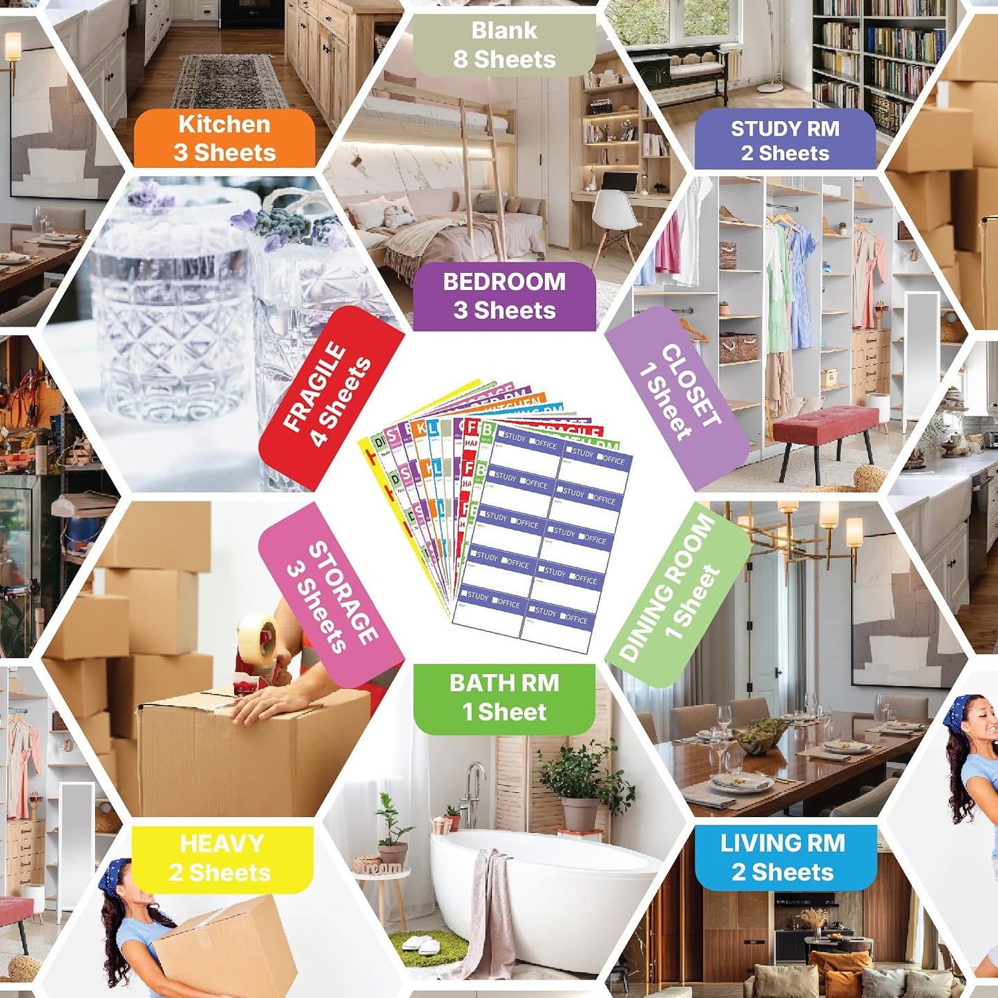 AIPackNFind 300 Count 3.4x2 Moving Labels for 1-4 Bedroom – Color Coded Stickers for Packing Boxes – 11 Room Designs – Waterproof & Tear Resistant – Removable Adhesive – Blank Labels for Custom Notes