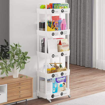 Laiensia 3-Tier Rolling Cart with Wheels,Multifunction Utility Storage Carts, Kitchen Storage Organizer,Mobile Shelving Unit for Bathroom,Laundry,with Classified Stickers,White