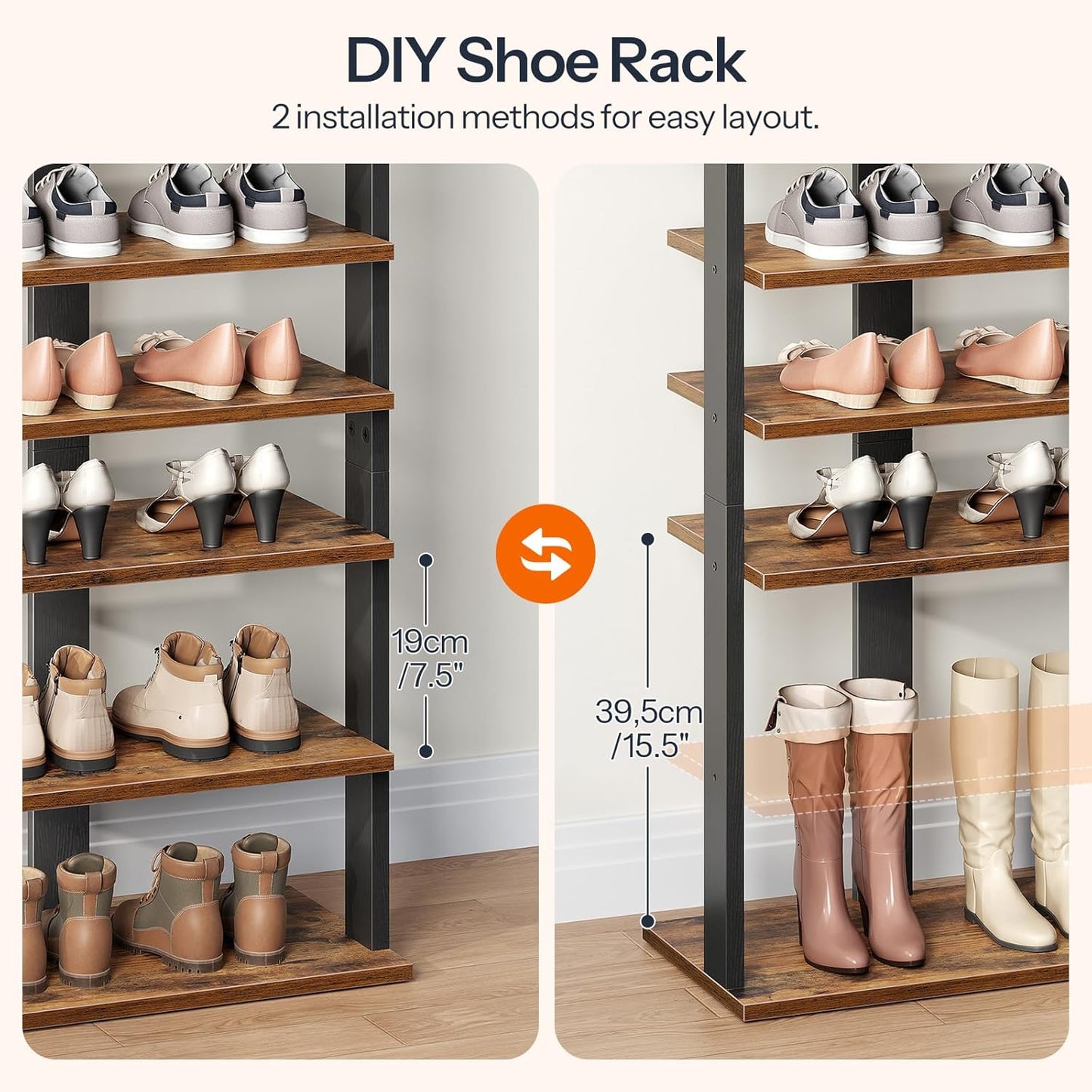 HOOBRO 8 Tiers Vertical Shoe Rack, Wooden Shoe Storage Organizer with Hooks, Narrow Shoe Tower for 8 Pairs, Space Saving, for Entryway, Living Room, Bedroom, Rustic Brown BF07XJ01G1