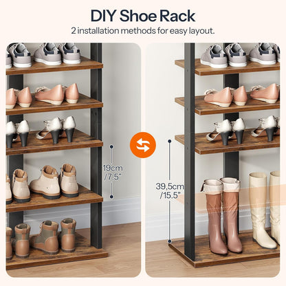 HOOBRO 8 Tiers Vertical Shoe Rack, Wooden Shoe Storage Organizer with Hooks, Narrow Shoe Tower for 8 Pairs, Space Saving, for Entryway, Living Room, Bedroom, Rustic Brown BF07XJ01G1