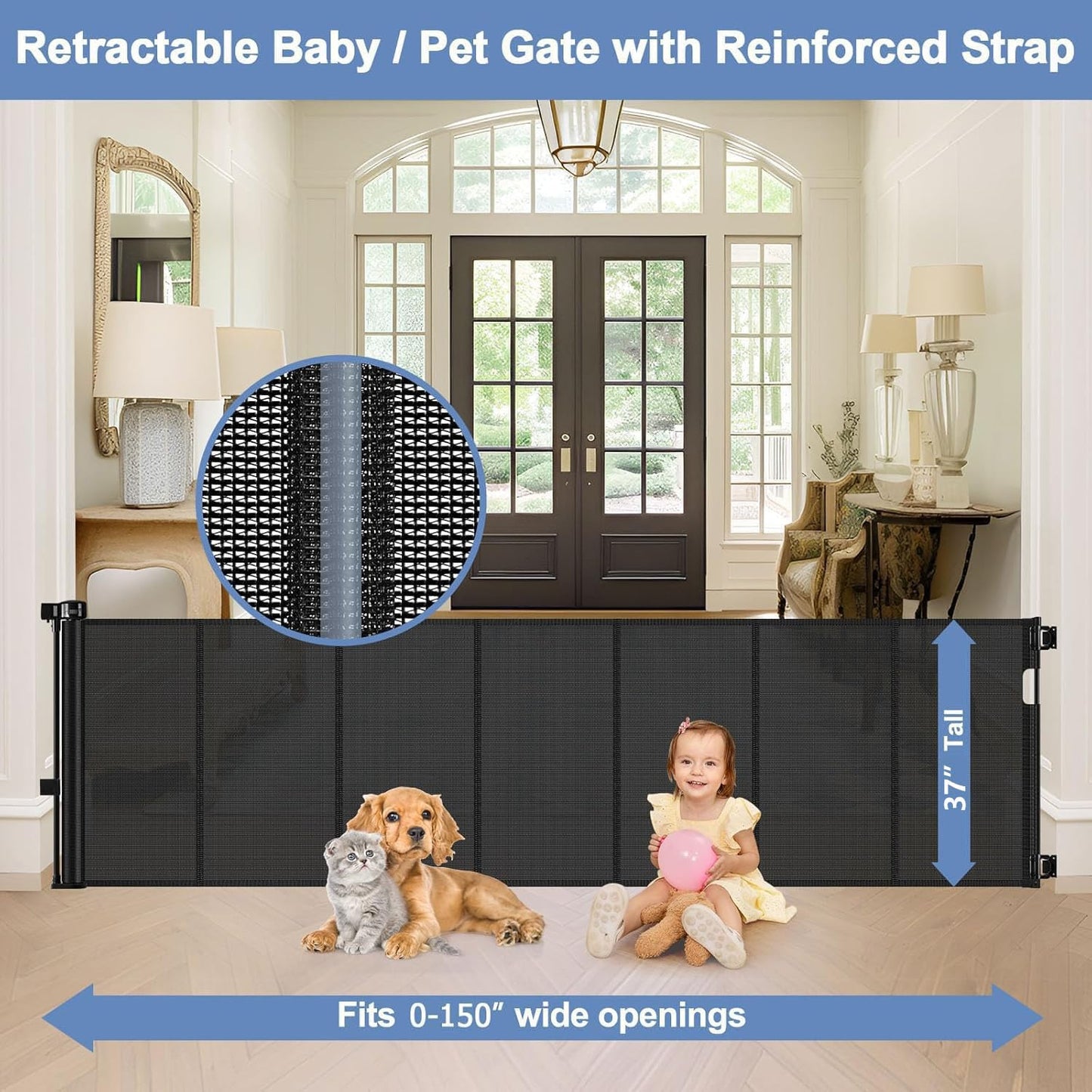 Reinforced Retractable Baby Gates with Support Beam 60" Wide Retractable Dog Gate Indoor Prevent Children and Dogs from Crawling Under Outdoor Dog Gate for Deck Mesh Gates for Kids or Pets, Black