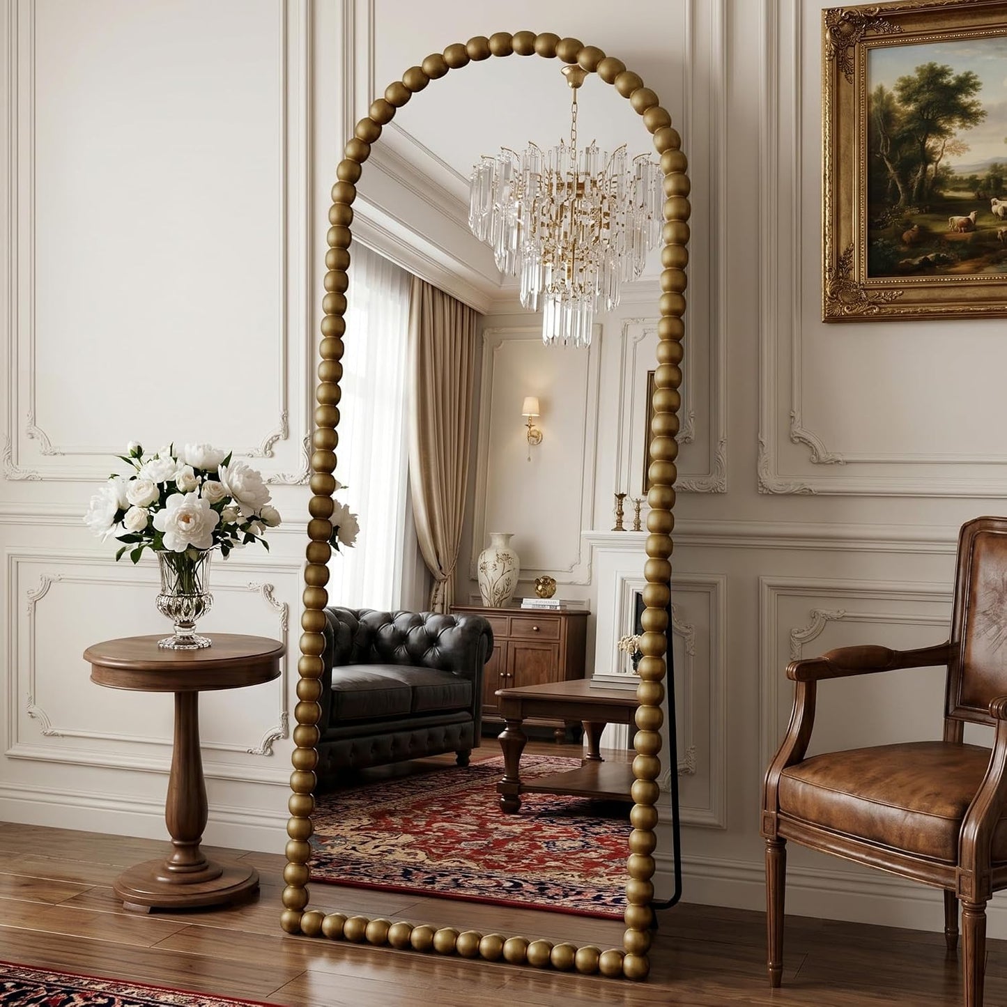 Antok 58" x 21" Arched Full Length Mirror, Antique Beaded Frame Floor Standing or Wall Mounted Mirror with Stand for Bedroom, Entryway, Brown, Luxury Style