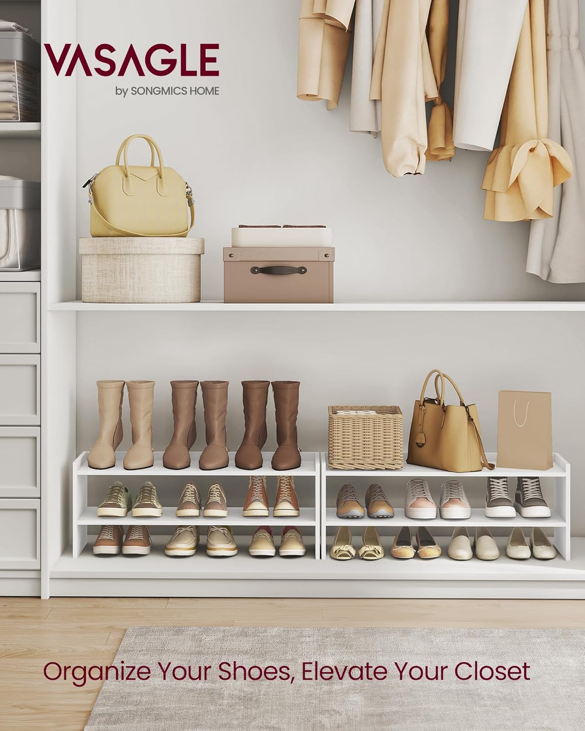 VASAGLE CUSTOS Collection - Shoe Rack for Closet, Stackable Shoe Organizer Shelf for Entryway, 2 Tiers, 11.7 x 24.4 x 14.2 Inches, White ULBS062WZ01S