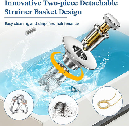 Bathroom Sink Drain Strainer,Pop Up Sink Stopper with Removable Stainless Steel Hair Catcher Basket, Anti-Clog Bathroom Sink Drain Plug for 1.1-2.36 Inch Drain Holes (Sliver 3Pcs)