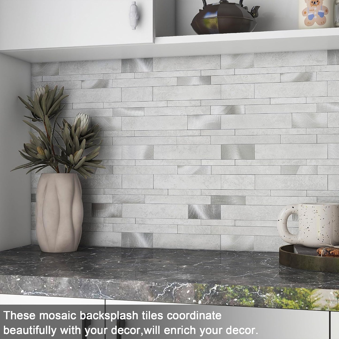 VAOVI Backsplash Tile Peel and Stick Kitchen Stone Subway Linear Mosaic Bathroom Shower Wall Waterproof(10pcs,Gray)