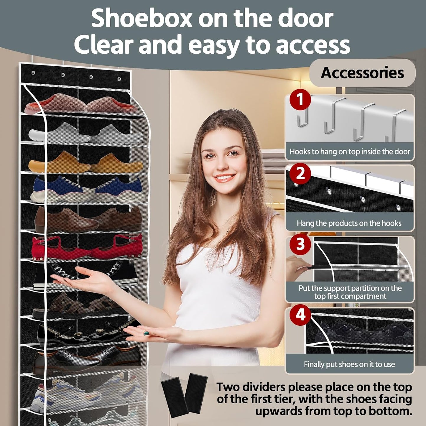 PAULONE 12 Pocket Over the Door Shoe Organizer,Reusable Breathable Large Mesh Bag Men's & Women's Sneaker Organizer,Shoe Organizer for Kids,Hanging Shoe Storage Hanging Bag (White)